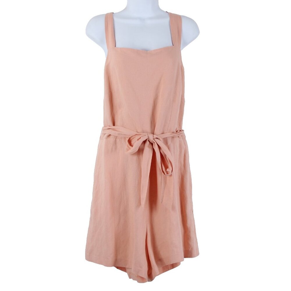 HM $35 Sz L Peach Pink Belted Pockets Square Neck Linen Viscose Romper